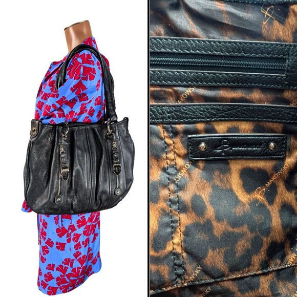 B.Makowsky Black Leather Large Slouchy Hobo Shoulder Bag Silver Chunky Hardware - Picture 11 of 11